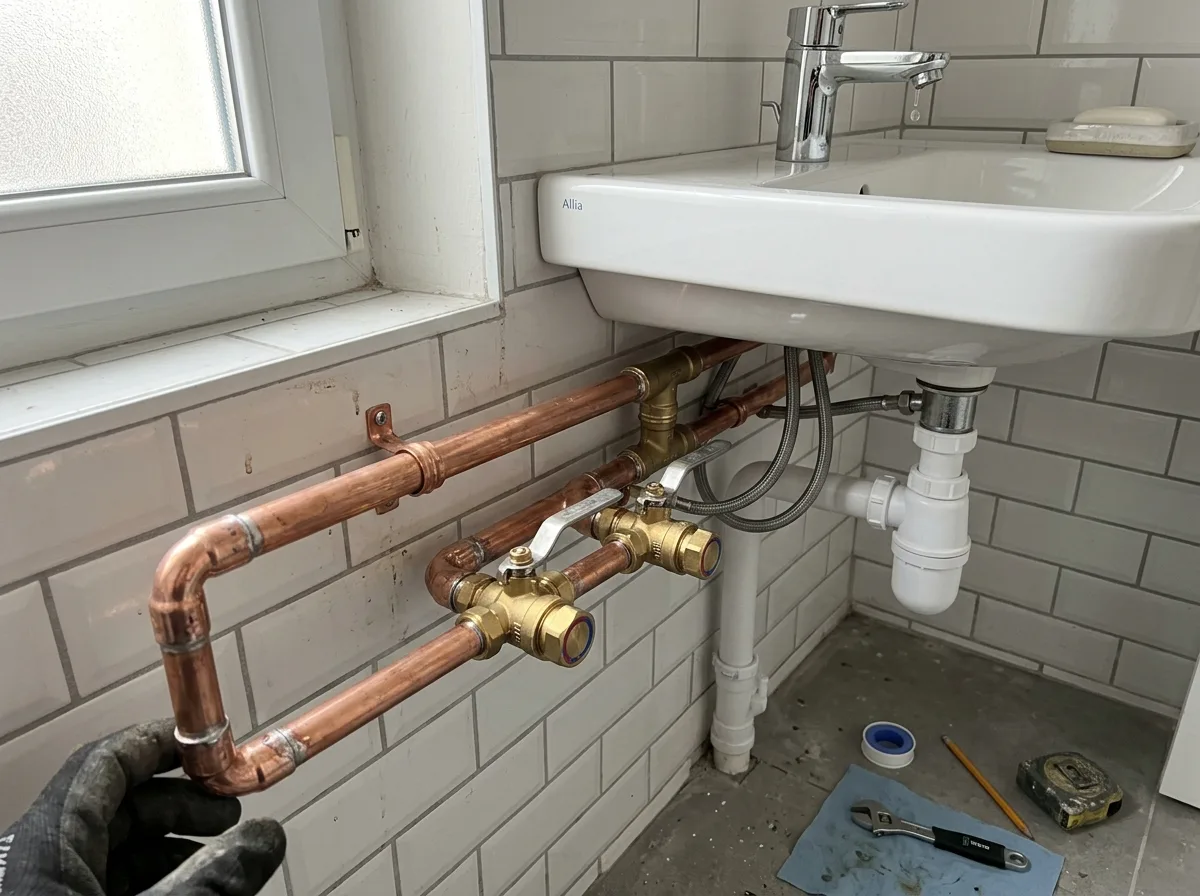 Artisan plombier travaillant sur une installation propre